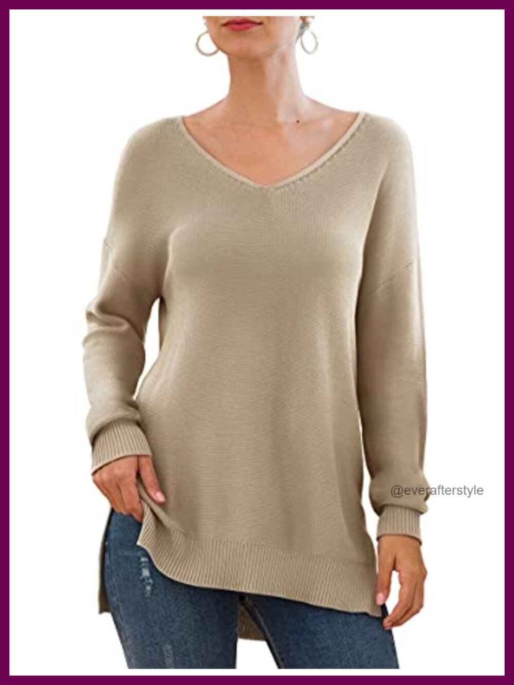 Women's V-Neck Long Sleeve Side Split Loose Knit Pullover Sweater - Picture 5 of 6